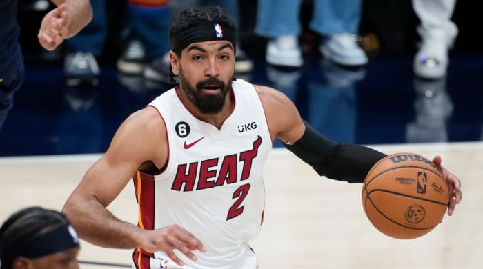 Heat guard Gabe Vincent dribbles during Game 2 of NBA Finals